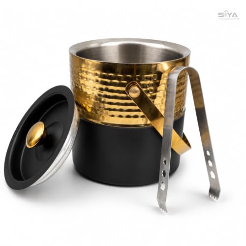Premium Double Wall Ice Bucket with Lid & Tong, 1 Litre | Insulated Ice Holder with Hammered Gold Finish & Matte Black Base | for Bar, Home, Parties & Gifting